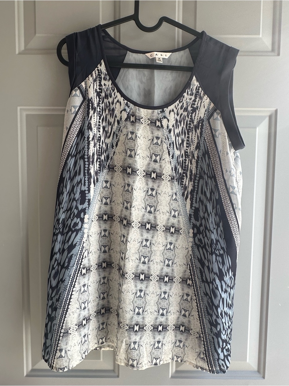 CAbi Black & White Printed Sleeveless Tank with Contrast Shoulders